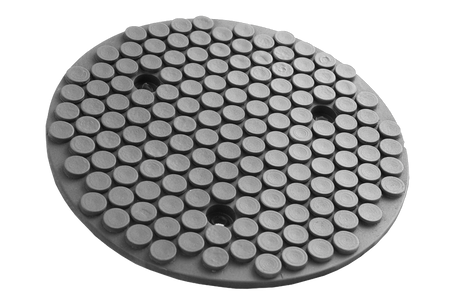 Vorderansicht eines schwarzen, runden Gummitellers (Artikelnummer 664160) für KFZ-Hebebühnen, mit Stahlplatte und drei Löchern zum Verschrauben am Tragteller.