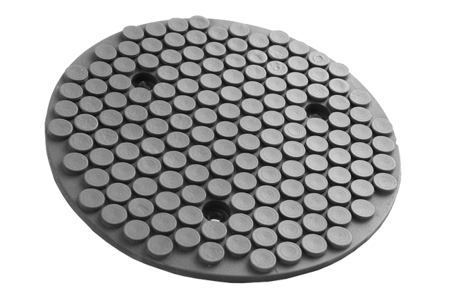 Vorderansicht eines schwarzen, runden Gummitellers (Artikelnummer 664160) für KFZ-Hebebühnen, mit Stahlplatte und drei Löchern zum Verschrauben am Tragteller.