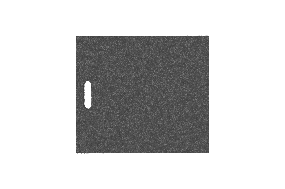 Draufsicht der schwarzen, rechteckigen Ausgleichsplatte AP-CIR.530.470.H50 für Achsvermessungshebebühnen, hergestellt aus verpresstem Gummimaterial mit poröser Oberfläche und Griffloch.