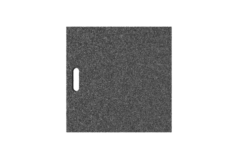 Draufsicht einer schwarzen, quadratischen Ausgleichsplatte (Artikelnummer AP-HIA.500.500.H50) für Achsvermesshebebühnen, hergestellt aus verpresstem Gummimaterial mit poröser Oberfläche und Griffloch.