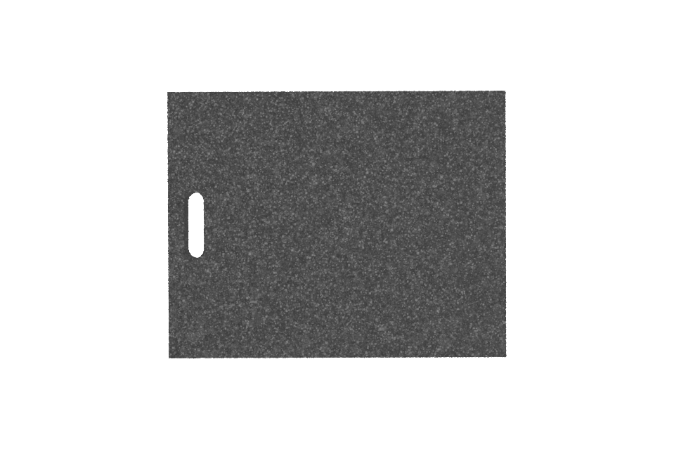 Draufsicht des Artikels AP-HWR.570.450.H50, rechteckige schwarze Ausgleichsplatte für Achsvermessungshebebühnen mit Griffloch, aus recyceltem Gummi mit poröser Oberfläche.