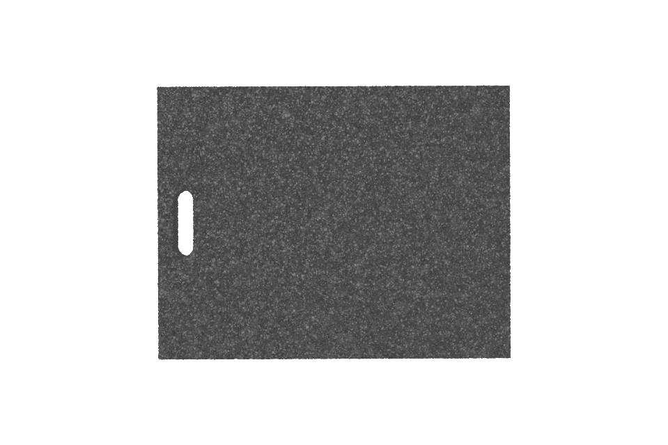 Draufsicht des Artikels AP-JBP.600.465.H50, rechteckige schwarze Ausgleichsplatte für Achsvermessungshebebühnen mit Griffloch, aus recyceltem Gummi mit poröser Oberfläche.