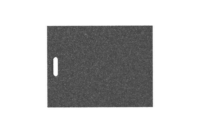 Draufsicht des Artikels AP-JBP.600.465.H50, rechteckige schwarze Ausgleichsplatte für Achsvermessungshebebühnen mit Griffloch, aus recyceltem Gummi mit poröser Oberfläche.