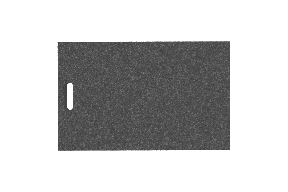 Draufsicht der schwarzen, rechteckigen Ausgleichsplatte AP-KML.680.430.H50 für Achsvermessungshebebühnen, gefertigt aus verpresstem Gummimaterial mit poröser Oberfläche und Griffloch.