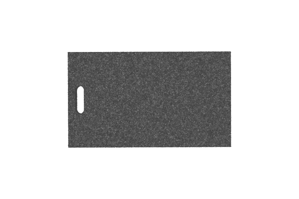 Draufsicht der schwarzen, rechteckigen Ausgleichsplatte AP-LBR.620.365.H50 für Achsvermessungshebebühnen, aus verpresstem Gummimaterial mit poröser Oberfläche und Griffloch.