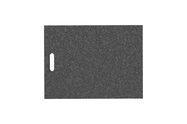 Draufsicht des Artikels AP-VPZ.600.450.H50, rechteckige schwarze Ausgleichsplatte für Achsvermessungshebebühnen mit Griffloch, aus recyceltem Gummi mit poröser Oberfläche.