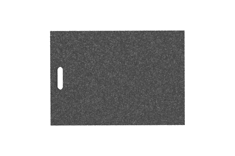 Draufsicht des Artikels AP-XFE.650.460.H50, rechteckige schwarze Ausgleichsplatte für Achsvermessungshebebühnen mit Griffloch, aus recyceltem Gummi mit poröser Oberfläche.