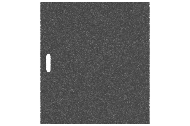 Draufsicht der schwarzen, rechteckigen Ausgleichsplatte AP-ZNA.730.650.H50 für Achsvermessungshebebühnen, hergestellt aus verpresstem Gummimaterial mit poröser Oberfläche und Griffloch.