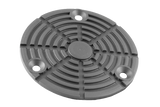 Vorderansicht eines schwarzen, runden Gummitellers (Artikelnummer IST1304800) für KFZ-Hebebühnen, mit drei Löchern zum Verschrauben am Tragteller.