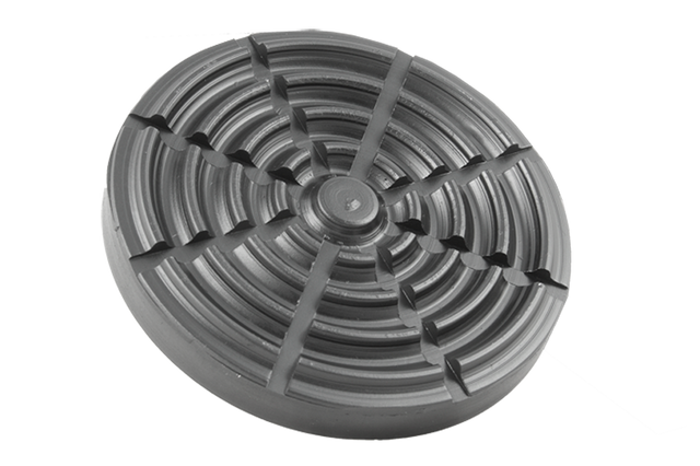 Vorderansicht eines schwarzen, runden Gummitellers (Artikelnummer SK2030-124) für KFZ-Hebebühnen, mit Gummilippe zum Überstülpen über den Tragteller.